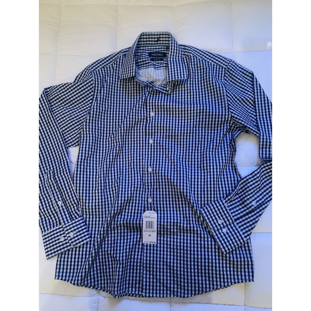 Nautica Button Down Shirt Mens 15-15.5 32/33 M Blue Check Slim Fit Stretch